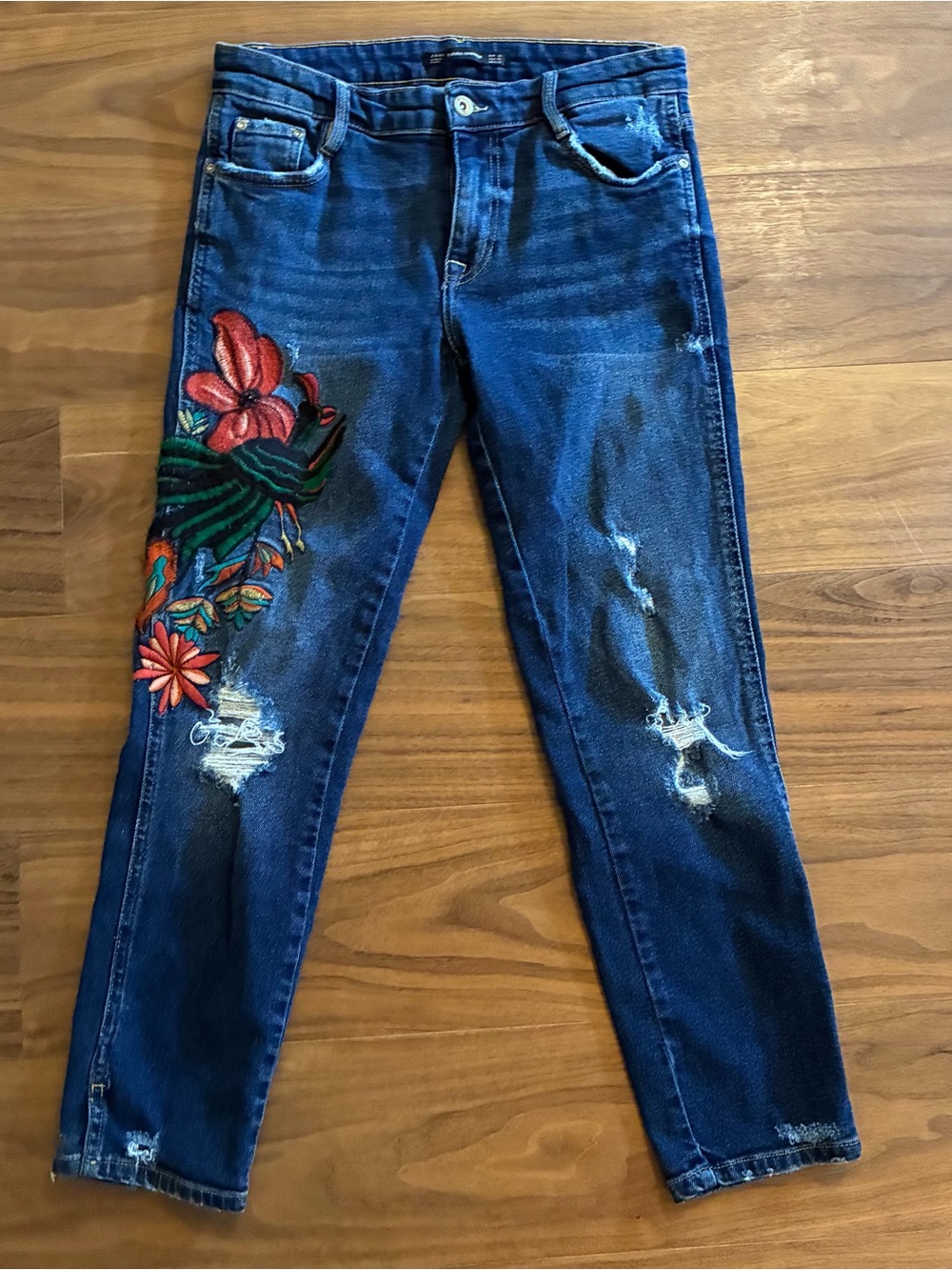 Zara Dark Blue Skinny Jeans with Floral Embroidery